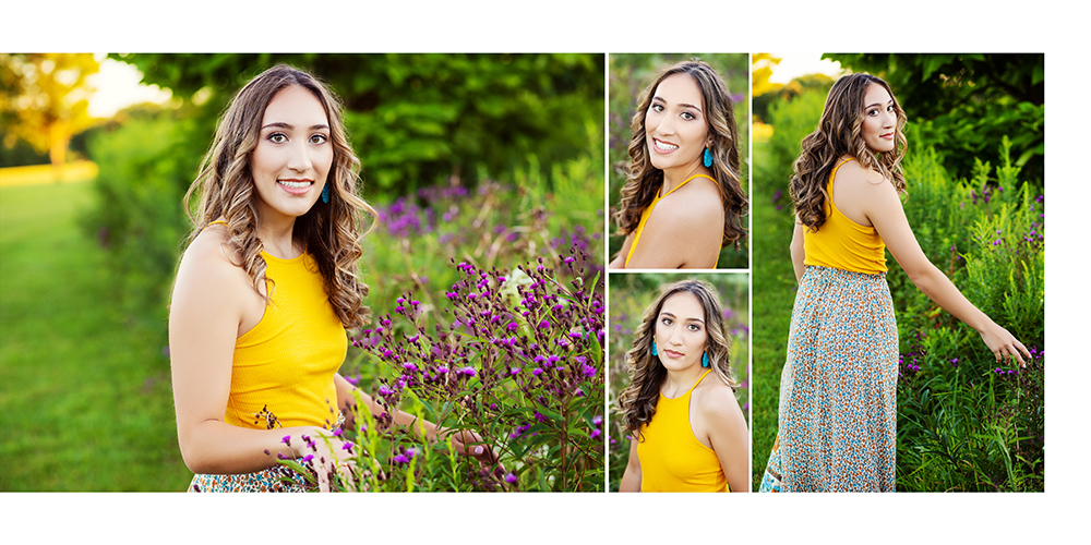 culling your photos is an important aspect of the photoshoot process this album spread features a high school senior girl next to wild flowers 