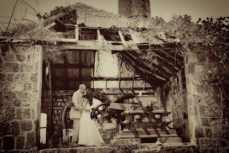 bride and groom in an abandoned sugar cane plantation in nevis